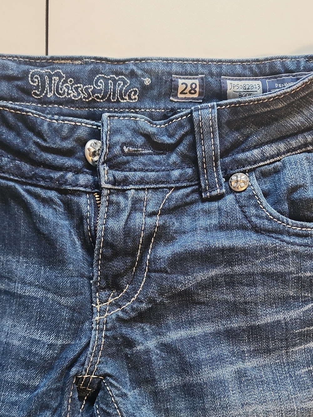 Miss Me Women’s Blue Slim Boot Cut, Low Rise Denim Jeans